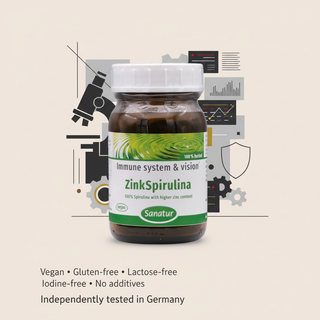 Sanatur ZincSpirulina product image with abstract German laboratory quality testing background