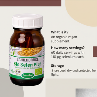 Sanatur Bio Selenium Plus product image with calm abstract question and answer information layout