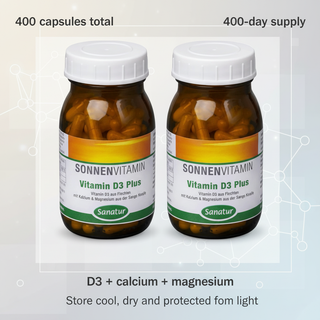 Sanatur Vitamin D3 Plus Value Bundle with dosage and storage wording on a clean geometric background without capsules tablets or powder