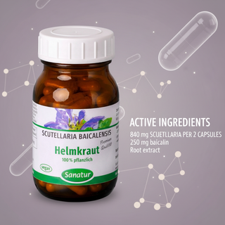 Sanatur Scutellaria Premium Extract with active ingredient wording on an abstract laboratory background