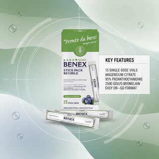 Benex Liquid Food Supplement key features visual with 15 single-dose vials, Magnesium Citrate, 95% proanthocyanidins, 2500 GDU/g Bromelain and easy on-the-go format