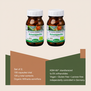 Sanatur Organic Ashwagandha KSM-66 bundle with concise product facts