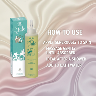 Fate Massage Oil 150ml how to use: apply generously to skin, massage gently until absorbed, ideal after a shower, add to bath water