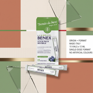 Benex Liquid Food Supplement origin and format visual with Made in Italy, 15 vials x 12 ml, single-dose format and no artificial colours