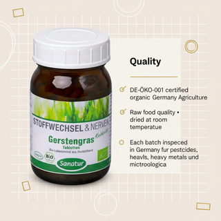 Sanatur organic barley grass certification and quality testing information