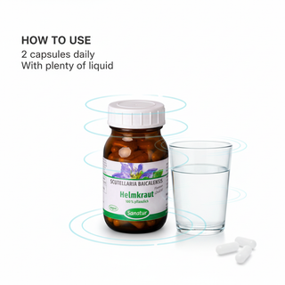 Sanatur Scutellaria Premium Extract with usage wording on a clean water background