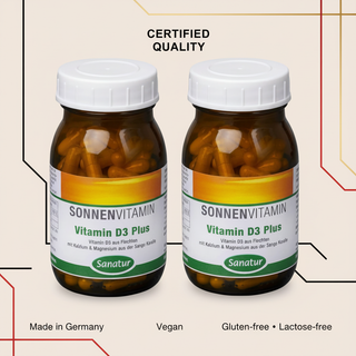 Sanatur Vitamin D3 Plus Value Bundle with certification wording on a laboratory background without capsules tablets or powder