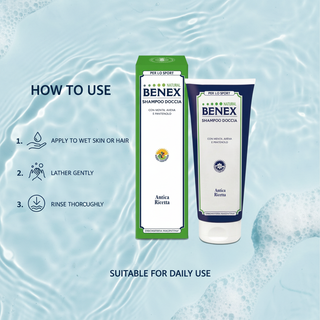 How to use Organic Shower Gel and Shampoo BENEX 200ml: apply to wet skin or hair, lather gently, rinse thoroughly and use daily