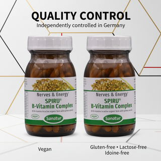 SPIRU B Vitamin Complex Set with quality control wording on a laboratory background without capsules tablets or powder