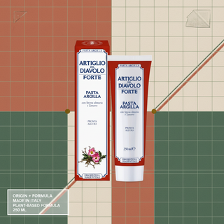 Devil's Claw Forte Clay Paste origin and formula visual with Made in Italy, plant-based formula and 250 ml wording