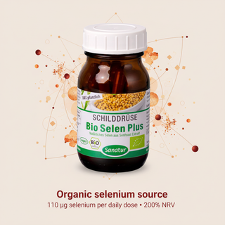 Sanatur Bio Selenium Plus product image with abstract selenium mineral background and organic selenium wording