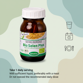Sanatur Bio Selenium Plus product image with abstract daily routine, water and meal background