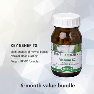 Sanatur Vitamin K2 MK-7 Value Bundle with key benefit wording on a clean vitamin science background without capsules tablets or powder