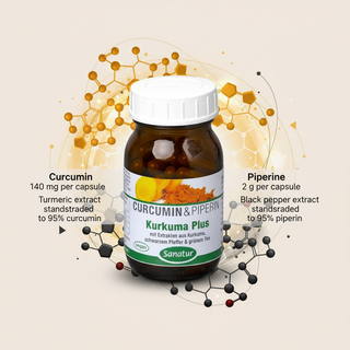 Sanatur Turmeric Plus product image with abstract curcumin and piperine molecular background