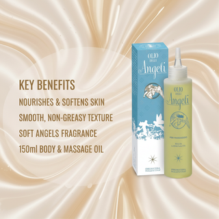 Angels Massage Oil 150ml key benefits: nourishes and softens skin, smooth non-greasy texture, soft Angels fragrance, body and massage oil