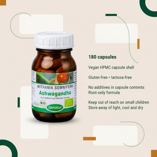 Sanatur organic Ashwagandha pack, dietary suitability and storage information