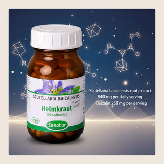 Sanatur Scutellaria product image with abstract baicalin molecular background and ingredient wording