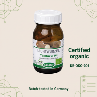 Sanatur Organic Yam Root product image with abstract German organic quality and batch testing background