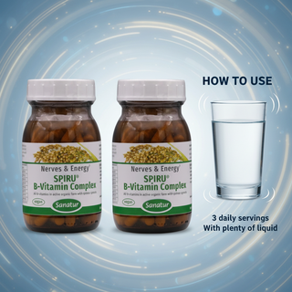 SPIRU B Vitamin Complex Set with usage wording on a clean water background without capsules tablets or powder