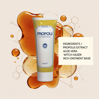 Propolis Ointment ingredients visual with Propolis Extract, Aloe Vera, Witch Hazel and rich ointment base wording