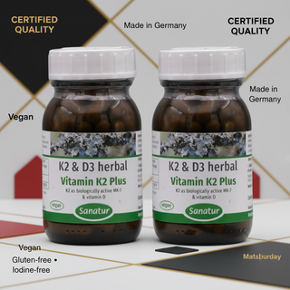 Sanatur Vitamin K2 Plus Value Bundle with certification wording on a laboratory background without capsules tablets or powder