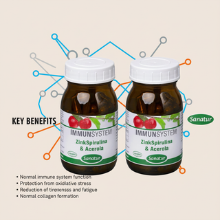 Sanatur ZincSpirulina and Acerola Value Bundle with key benefit wording on a clean scientific background without capsules tablets or powder