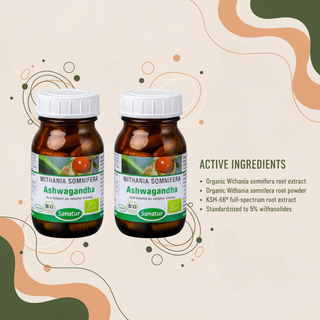 Sanatur Organic Ashwagandha KSM-66 bundle with active ingredient information