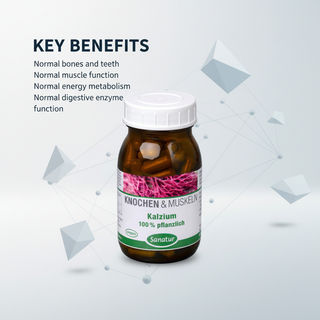 Sanatur Calcium 100 percent Vegetable with key benefits wording on an abstract calcium background