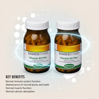 Sanatur Vitamin D3 Plus Value Bundle with key benefit wording on a clean vitamin science background without capsules tablets or powder
