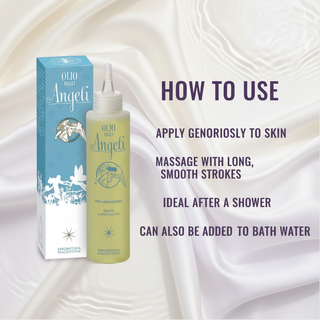 Angels Massage Oil 150ml how to use: apply generously to skin, massage with long smooth strokes, ideal after a shower, can also be added to bath water