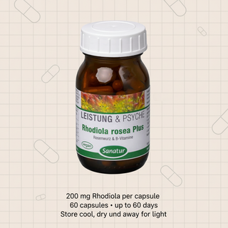 Sanatur Rhodiola Rosea Plus with dosage and storage wording on an information-inspired background
