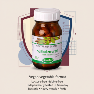 Sanatur Licorice Root Extract product image with abstract German laboratory testing and quality background