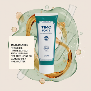 Thyme Cream ingredients visual with Thyme Oil, Thyme Extract, Eucalyptus Oil, Tea Tree, Pine Oil, Almond Oil and Shea Butter wording