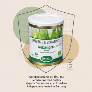 Sanatur Wheatgrass product image with abstract German organic certification and quality testing background