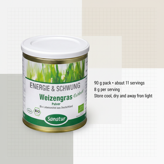 Sanatur Organic Wheatgrass Powder with serving and storage wording on a clean geometric background without loose powder