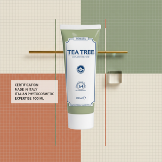 Tea Tree Cream certification visual with Made in Italy and Italian phytocosmetic expertise wording