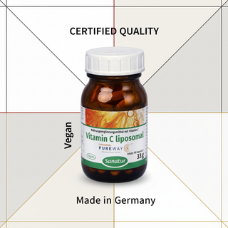 Sanatur Liposomal Vitamin C with certification wording on a laboratory-inspired background