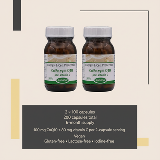 Sanatur CoEnzyme Q10 and Vitamin C bundle with concise product facts