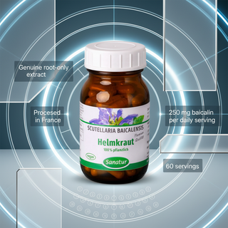 Sanatur Scutellaria product image with abstract root extract quality, French processing and daily serving background
