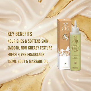 Elven Massage Oil 150ml key benefits: nourishes and softens skin, smooth non-greasy texture, fresh Elven fragrance, body and massage oil