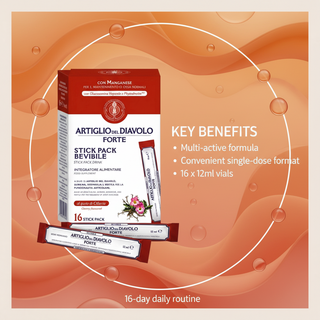 Devil's Claw Liquid Food Supplement key benefits: multi-active formula, convenient single-dose format, 16 vials of 12ml and a 16-day daily routine