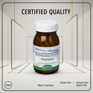 Sanatur Magnesium with certification wording on a laboratory-inspired background
