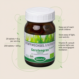 Sanatur organic barley grass serving size, caution and storage information