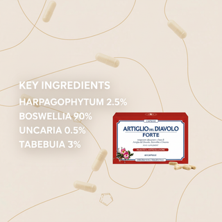 Devils Claw Forte Capsules 60 caps key ingredients: Harpagophytum 2.5%, Boswellia 90%, Uncaria 0.5% and Tabebuia 3%, with abstract capsules and molecular graphics