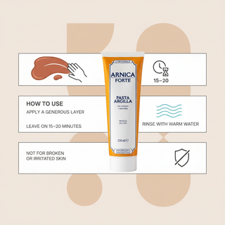 Arnica Forte Clay Paste how to use visual with apply generous layer, leave 15 to 20 minutes, rinse with warm water and skin warning
