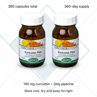 Sanatur Turmeric Plus Value Bundle with dosage and storage wording on a clean geometric background without capsules tablets or powder