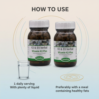 Sanatur Vitamin K2 Plus Value Bundle with usage wording on a clean water background without capsules tablets or powder