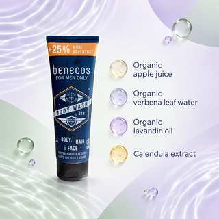 benecos 3-in-1 Body Wash with ingredient highlights: organic apple juice, verbena leaf water, lavandin oil and calendula extract