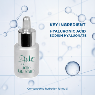 Hyaluronic Acid Anti-Aging Serum 15ml key ingredient: Hyaluronic Acid and Sodium Hyaluronate with abstract molecular hydration graphics