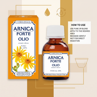 Pure Arnica Oil how to use visual with use pure or blend, apply to desired area, massage gently and not for direct ingestion